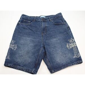 Riot Empire Blessed Denim Jorts Shorts Size 38 Blue Gothic Cross Y2K Streetwear